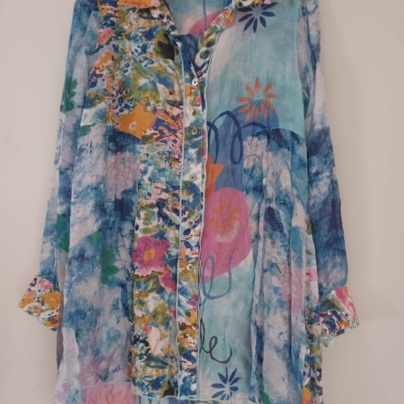 ohn Mark Women Small Sheer Tunic Blouse Abstract Floral Button Front Boho - Picture 4 of 7